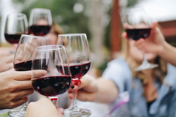 A group of people toasting with glasses of red wine.