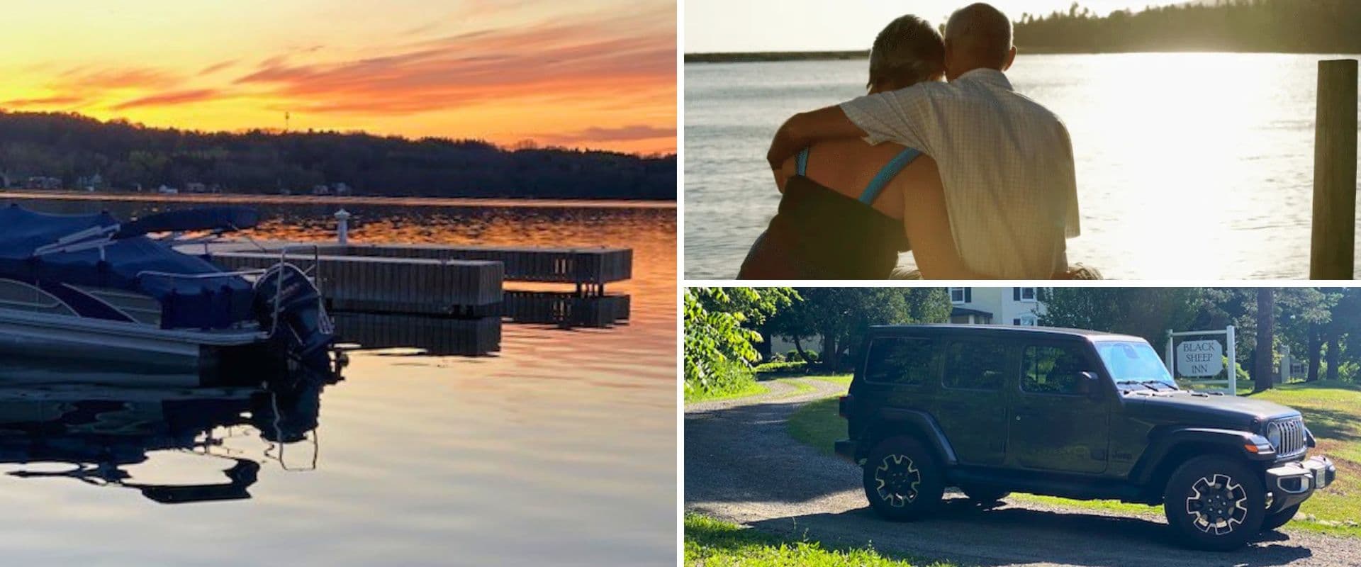 A collage featuring a sunset over a lake with boats, a couple enjoying the view, and a parked Jeep in a scenic setting.
